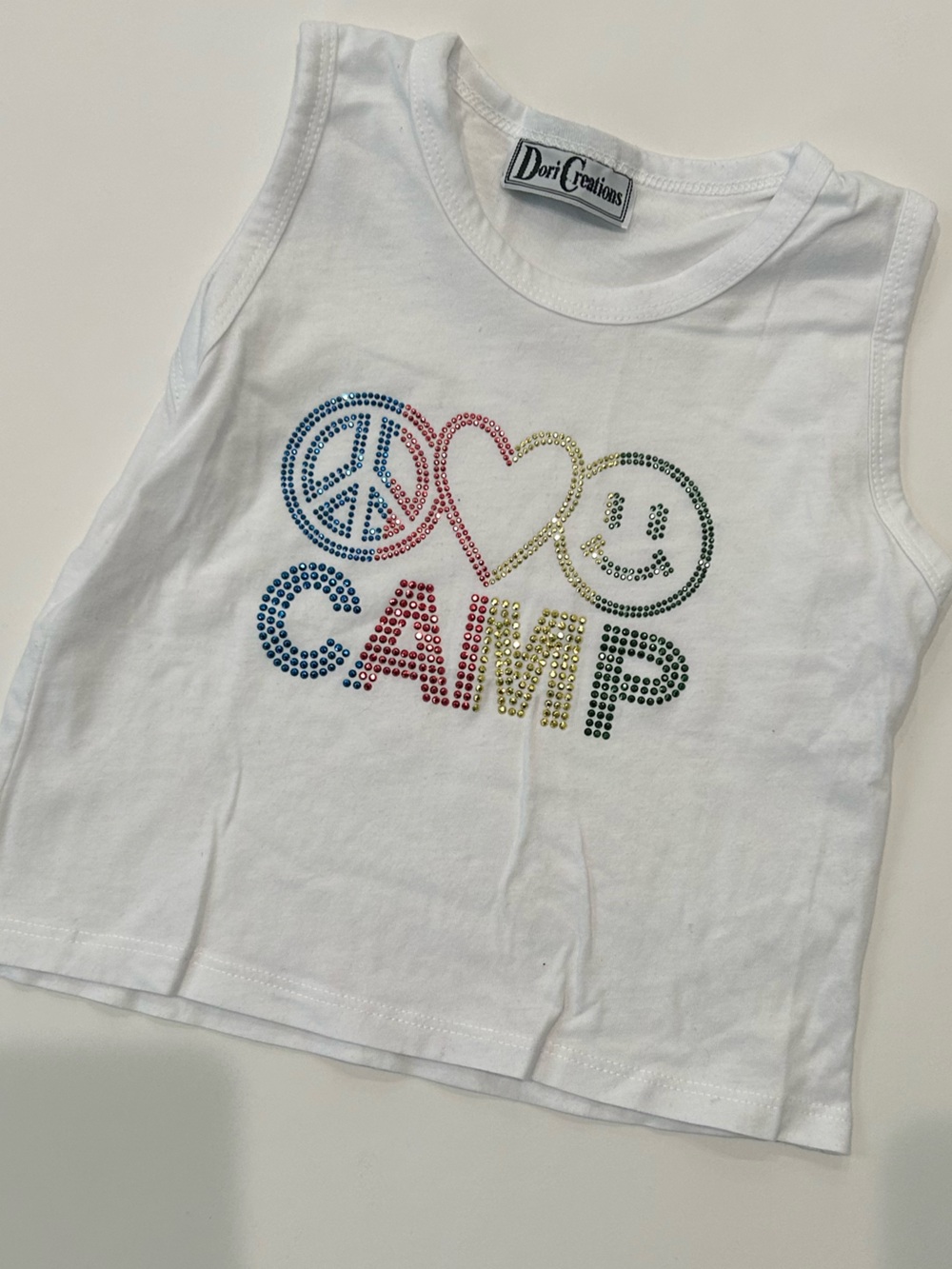 Dori Creations Kids White Rhinestone Camp Graphic Tank